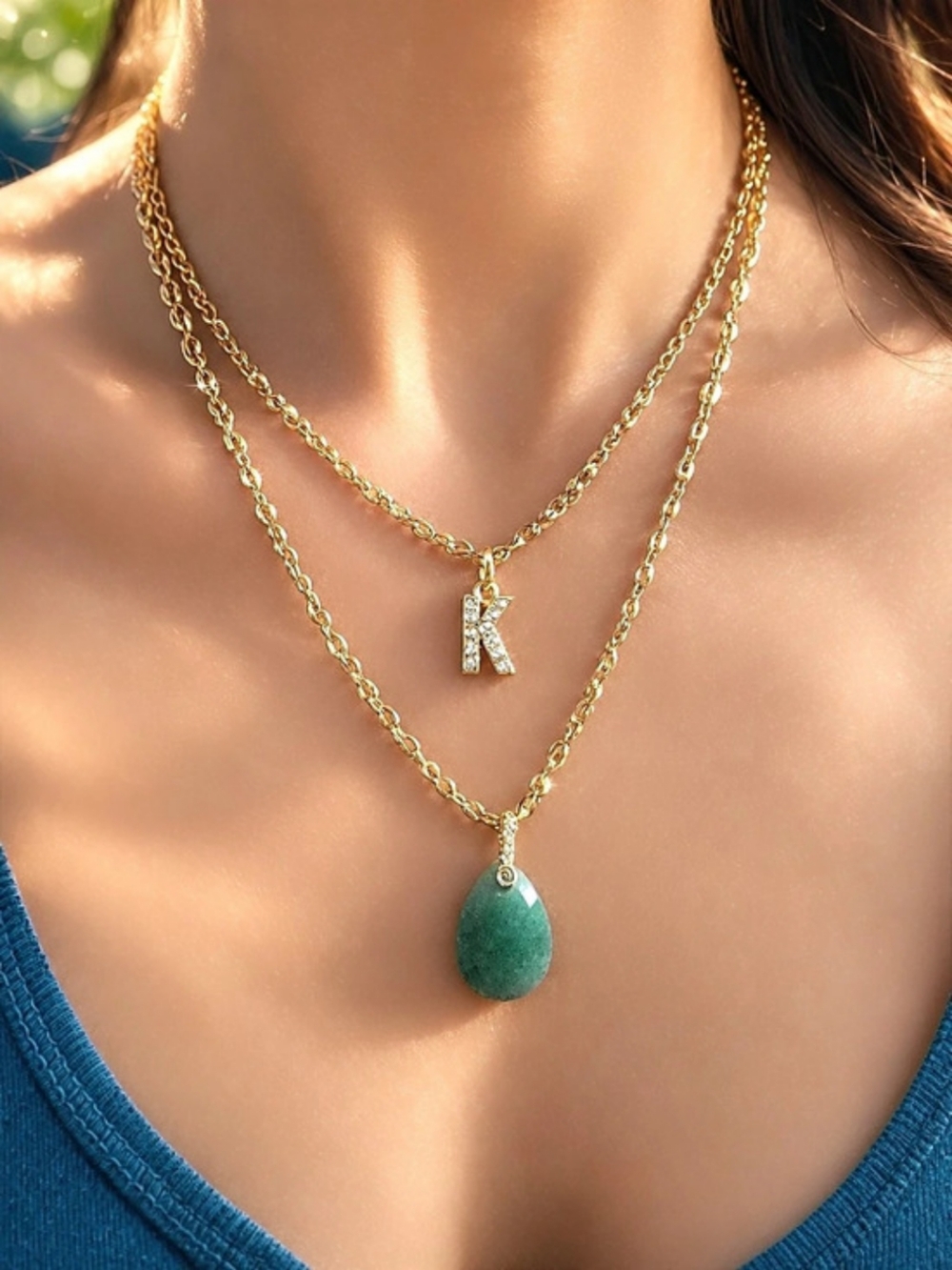 Handmade Two Strand Layered Initial "K" & Green Aventurine Pendant Necklace
